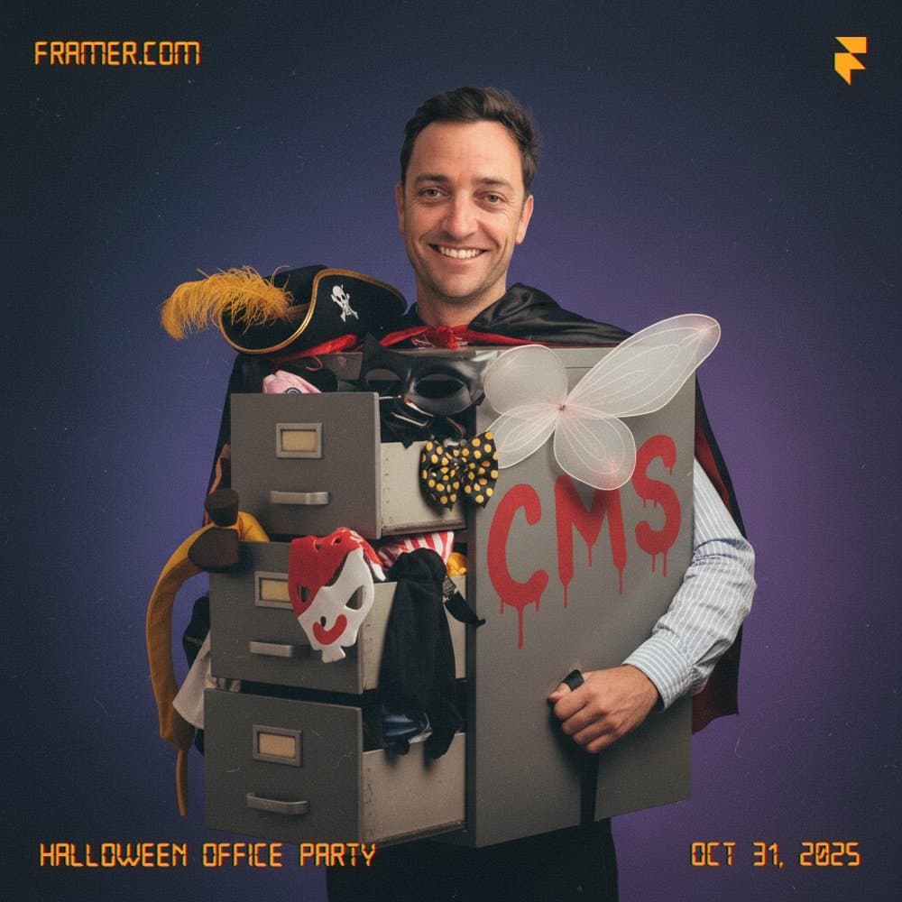 Dressed as a filing-cabinet “CMS” at the Framer Halloween office party